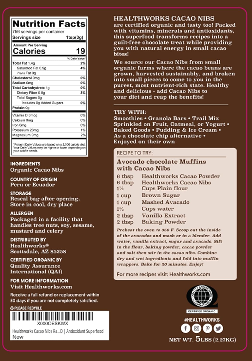 Healthworks Superfoods Cacao Nibs Organic - 80 Oz / 5 Lb - Criollo Bean - Raw Unsweetened Chocolate Substitute - Certified Organic - Keto, Vegan & Non-GMO - Antioxidant