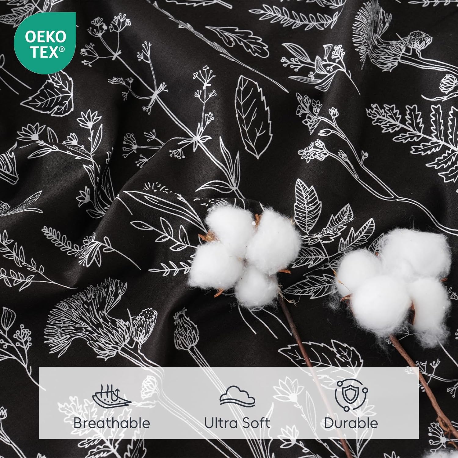 100% Natural Cotton Percale Sheets Set,Queen Size 4 PC, Breathable&Durable Hotel Quality Bedding, 16" Deep Pocket Botanical Floral Bedsheets,Black