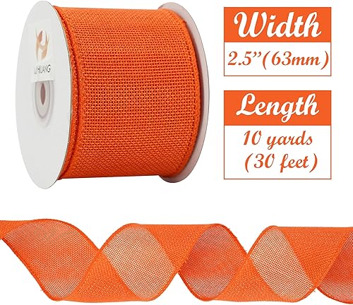Miniatura 2 de HUIHUANG Cinta de arpillera naranja con alambre sólido con borde con cable, cinta de yute de 2.5 pulgadas para coronas, lazos grandes, manualidades,