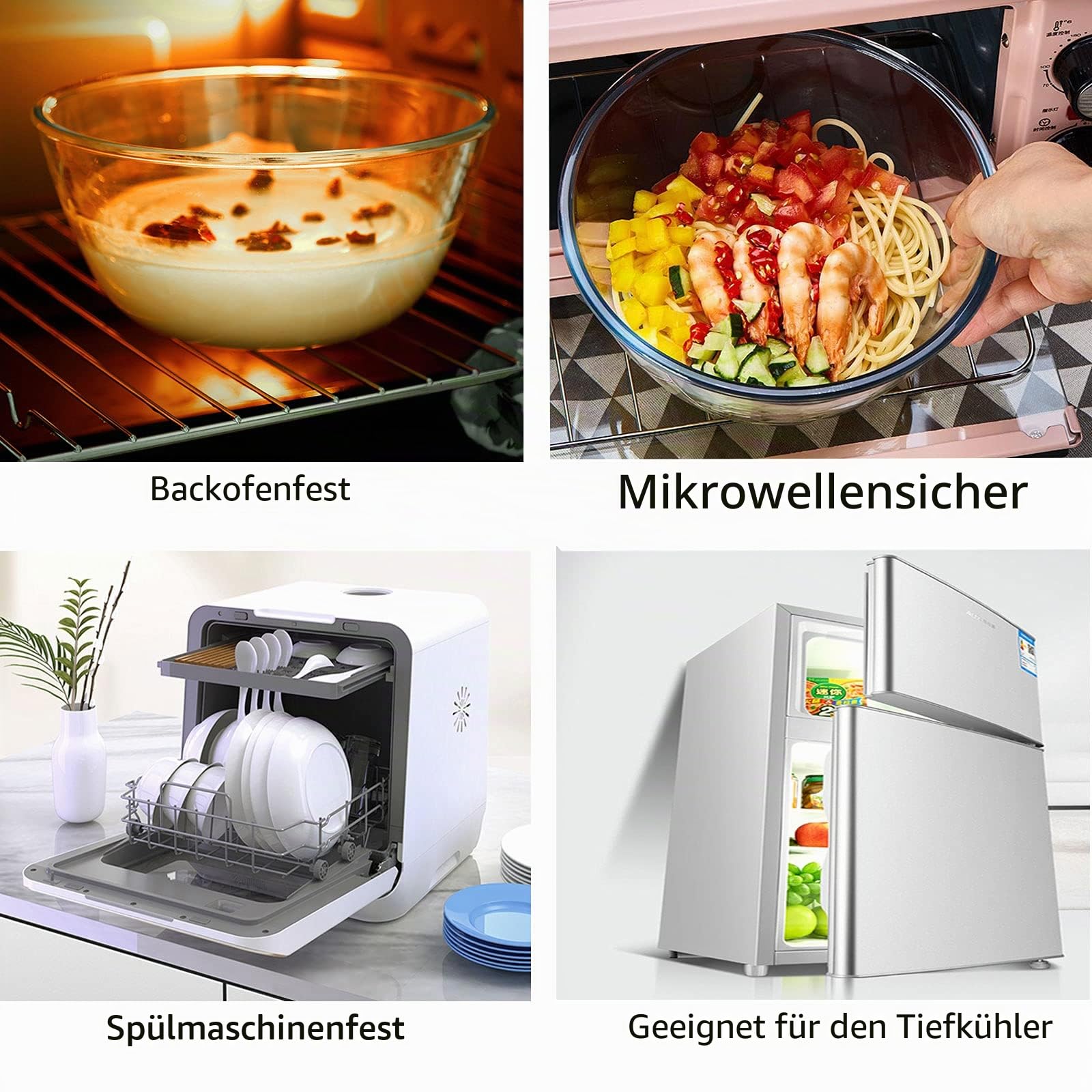 Glas-Rührschüssel-Set, 3-teilig, für Küche, Backen, Vorbereiten, Servieren, Kochen, 1,1 QT, 2,5 QT, 4,2 QT, großes Salatschüssel-Set, hohe Brosilikatschüssel-Set, stapelbar, ungiftig