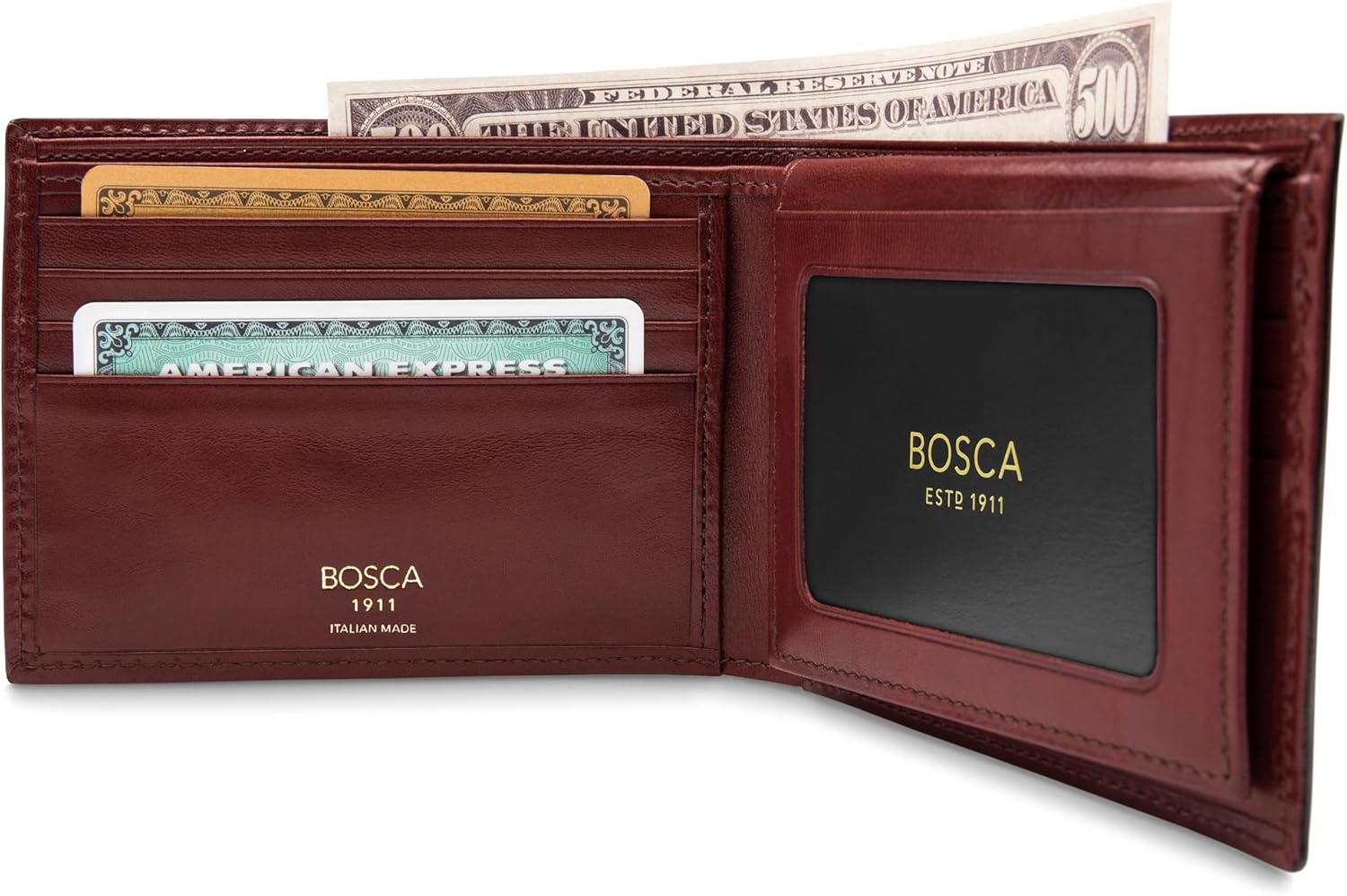 Bosca Men's Italian Leather Bifold Wallet with Removable ID Passcase, RFID Blocking, 8 Card Slots, and Divided Currency Well - Made in Italy, Dark Brown