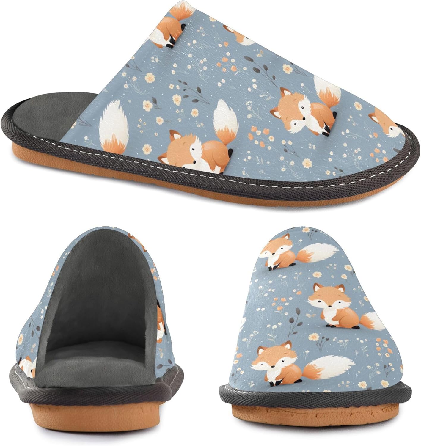 Cute Fox Flower House Slippers – Cozy Fuzzy Slippers for Guests, Washable & Disposable, Perfect for Shoeless Home, Spa & Hotel Use A112941