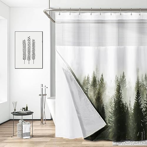 Miniatura 5 de ORTIGIA Misty Forest - Cortina de ducha con forro para baño, juego de cortina de ducha natural de doble capa verde oscuro con ventana superior
