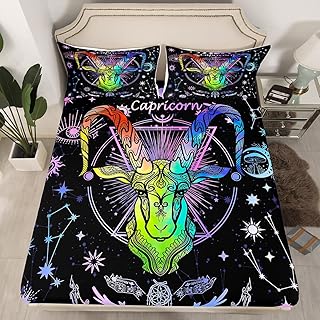 Manfei Capricorn Fitted Sheet Queen Size, Galaxy Sun Moon Star Bed Cover with 2 Pillowcases, Trippy Astrology Bedding Set 3pcs for Kids Boys Girls Room Decor, Soft Polyester Bedding