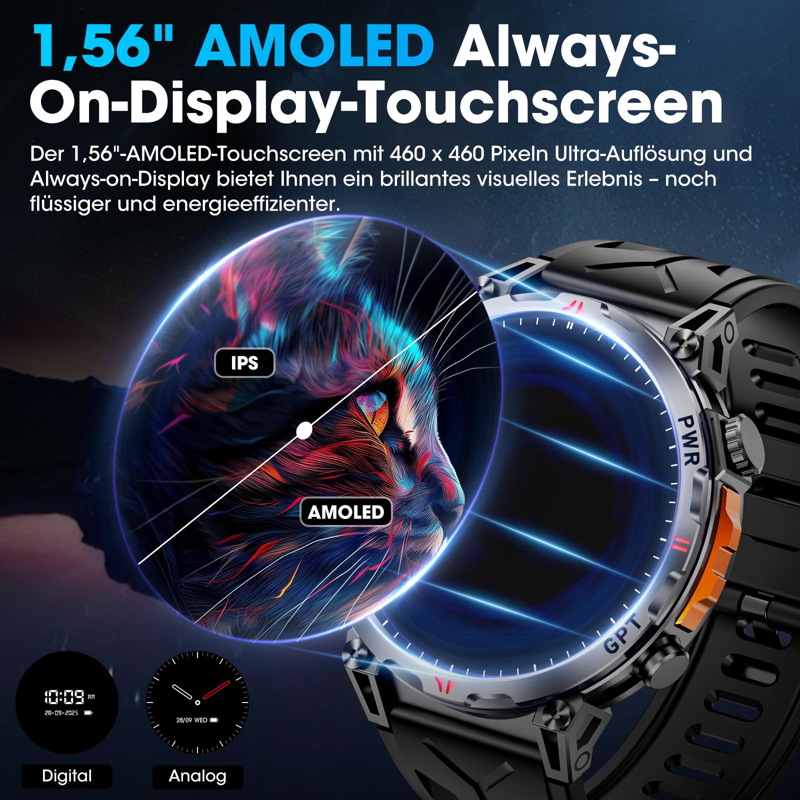 Smartwatch Herren Militärische, 1,56 Zoll mit GPS/GPT-Assistent/Bluetooth AI Zifferblatt/Bluetooth-Anruf/Herzfrequenz/Kompass, 3ATM Wasserdicht, kompatibel mit Android/iOS,100+Fitnessuhr Tracker | Bluetooth-Anruf / Herzfrequenzstress / Schlaferkennung / K