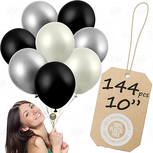 AFTERLOON Globos biodegradables 144 piezas blanco perladoplatanegro de 10 pulgadas color perlado, flotador de helio de látex extra fuerte grueso
