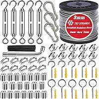 Vista 1 de Cable de acero inoxidable de 1/8", kit de cuerda de alambre de 100 pies con tensores para cables de alambre, núcleo de hebra 7x7 de 3/32