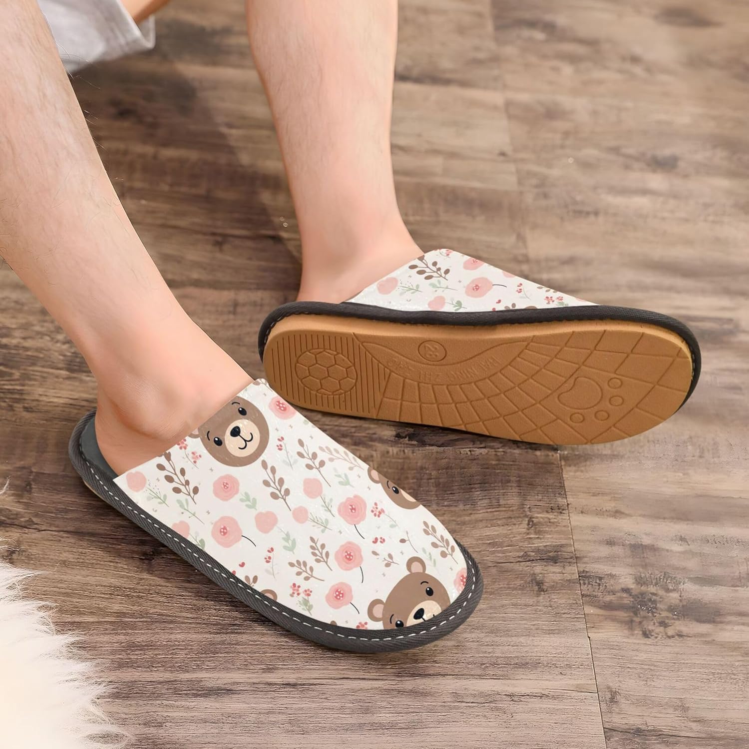 Cute Bear Flowers House Slippers – Cozy Fuzzy Slippers for Guests, Washable & Disposable, Perfect for Shoeless Home, Spa & Hotel Use A112967