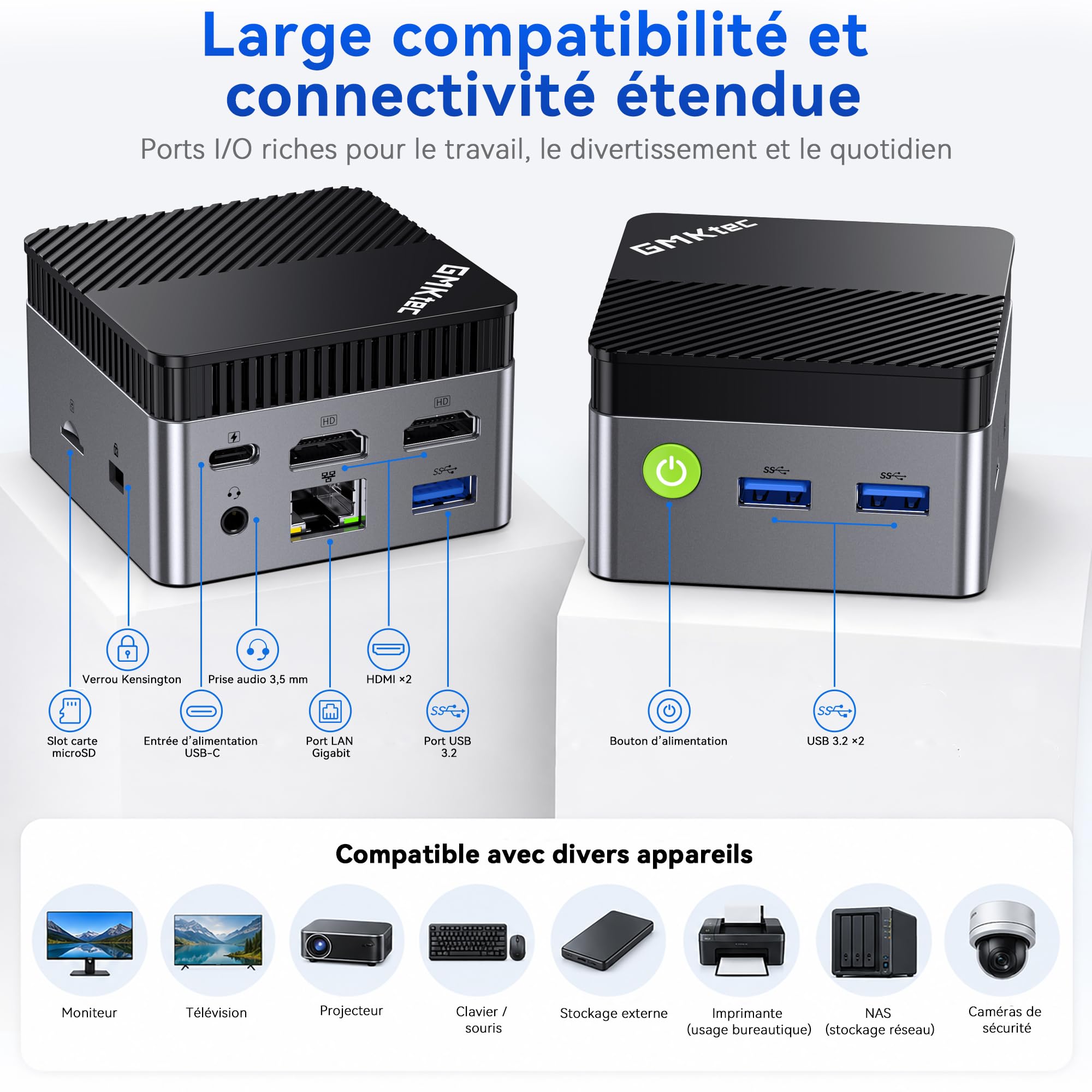 GMKtec G5S Mini PC, Intel N5095 hasta 3,6GHz,8GB LPDDR4, SSD de 128GB, 2*HDMI, Pantalla 4K, WiFi 6, Bluetooth 5.2, Gigabit Ethernet, 3 *USB 3.2, Micro SD, VESA para Empresas y oficinas domésticas