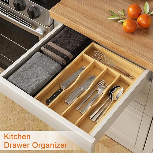Miniatura 2 de Organizador de utensilios de bambú para cajones de cocina, bandeja de utensilios y soporte para cubiertos, separadores de cajones de madera con 5