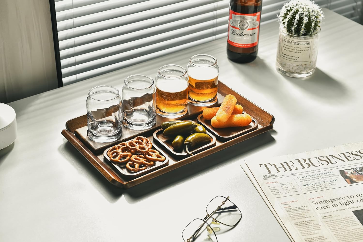 Shanik Wooden Beer Flight Paddle Tray Set with 4 Glasses & Coasters – Rustic Tasting Flight Board – Craf Sampler Set for Home Bar, Birthday Gift for Beer Lovers, Men’s Gift Ideas