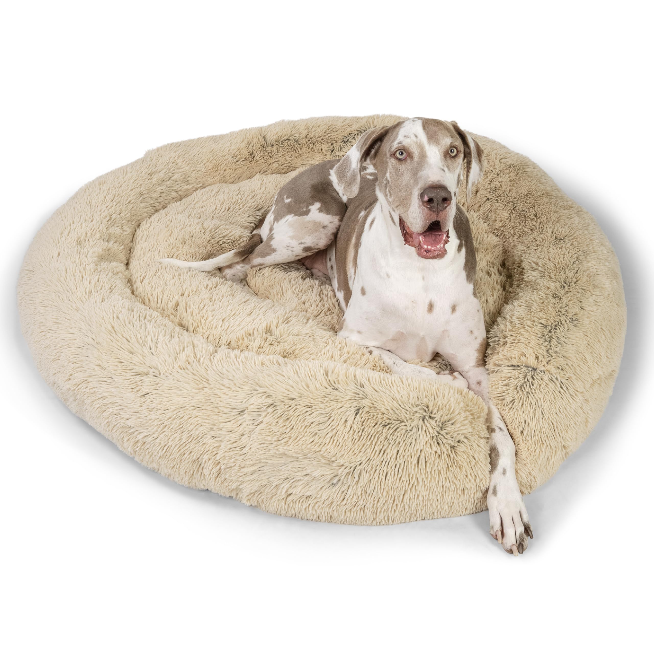 Best Friends by Sheri Original Calming Donut Dog and Cat Bed, Shag Faux Fur,Taupe, XXL (54in x 54in) - Anxiety Relief for Pets Up to 210 lbs