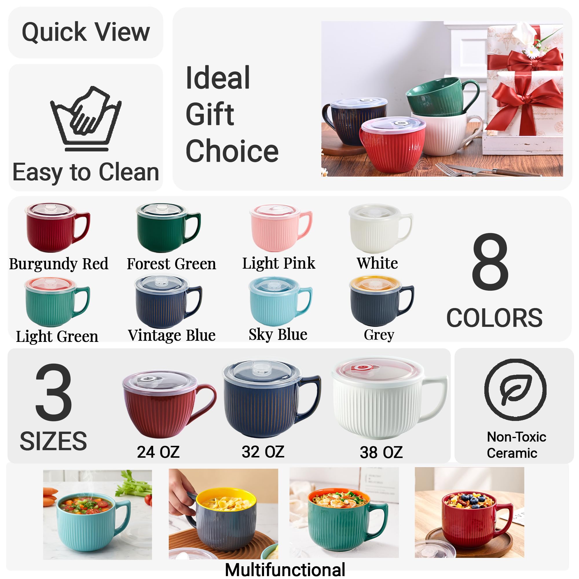 Cuencos de sopa de cerámica con asa y tapa ventilada, taza de sopa grande y profunda de 32 onzas con tapa, cuencos de ramen de viaje para fideos instantáneos y cereales, juego de 2, aptos para