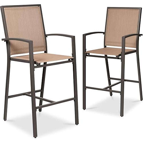 Best Choice Products Outdoor Bar Stools Set of 2, Bar Height, Patio Furniture, All Weather Mesh Design w/Armrest - Brown/Light Brown