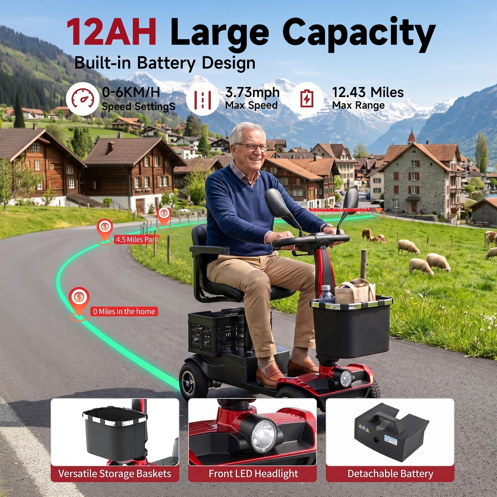 Scooters para discapacitados plegable para mayores autonomía de 20 km motor de 350W diseño estable antivuelco asiento giratorio de 360° Cesta Delantera y Luz LED Mobility Scooters