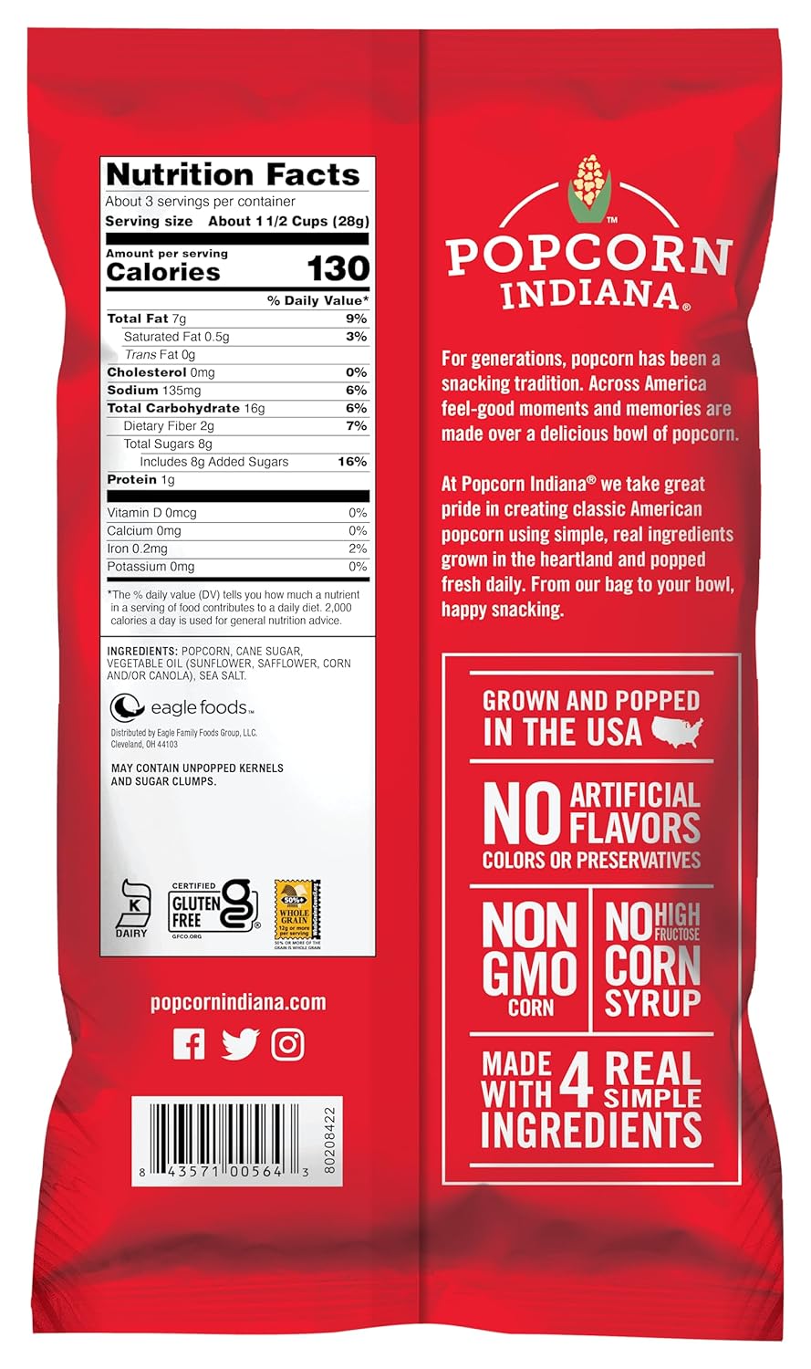 Popcorn Indiana Movie Theater Butter Popcorn (3 oz Bags – 6 Pack) Pre-Popped Popcorn Made with Real Butter, Gluten Free, No Artificial Flavors, Perfect for Movie Nights or After School Snacks