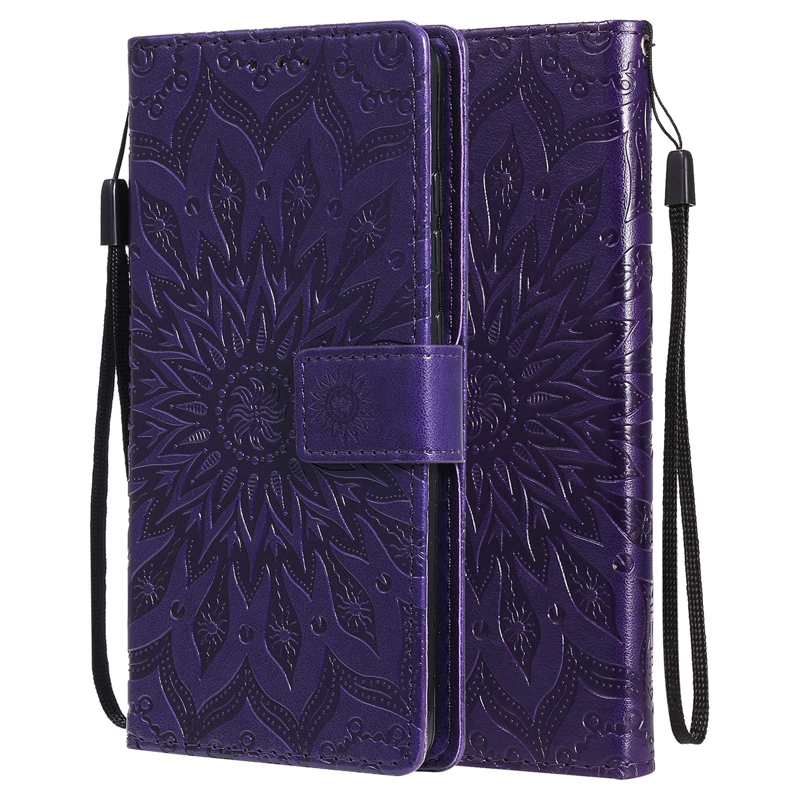 LEMORRY Honor X7, Leather Case for Honor X7, TPU Silicone Cover [Card Holder] Wallet Case for Honor X7, Flower (Purple)