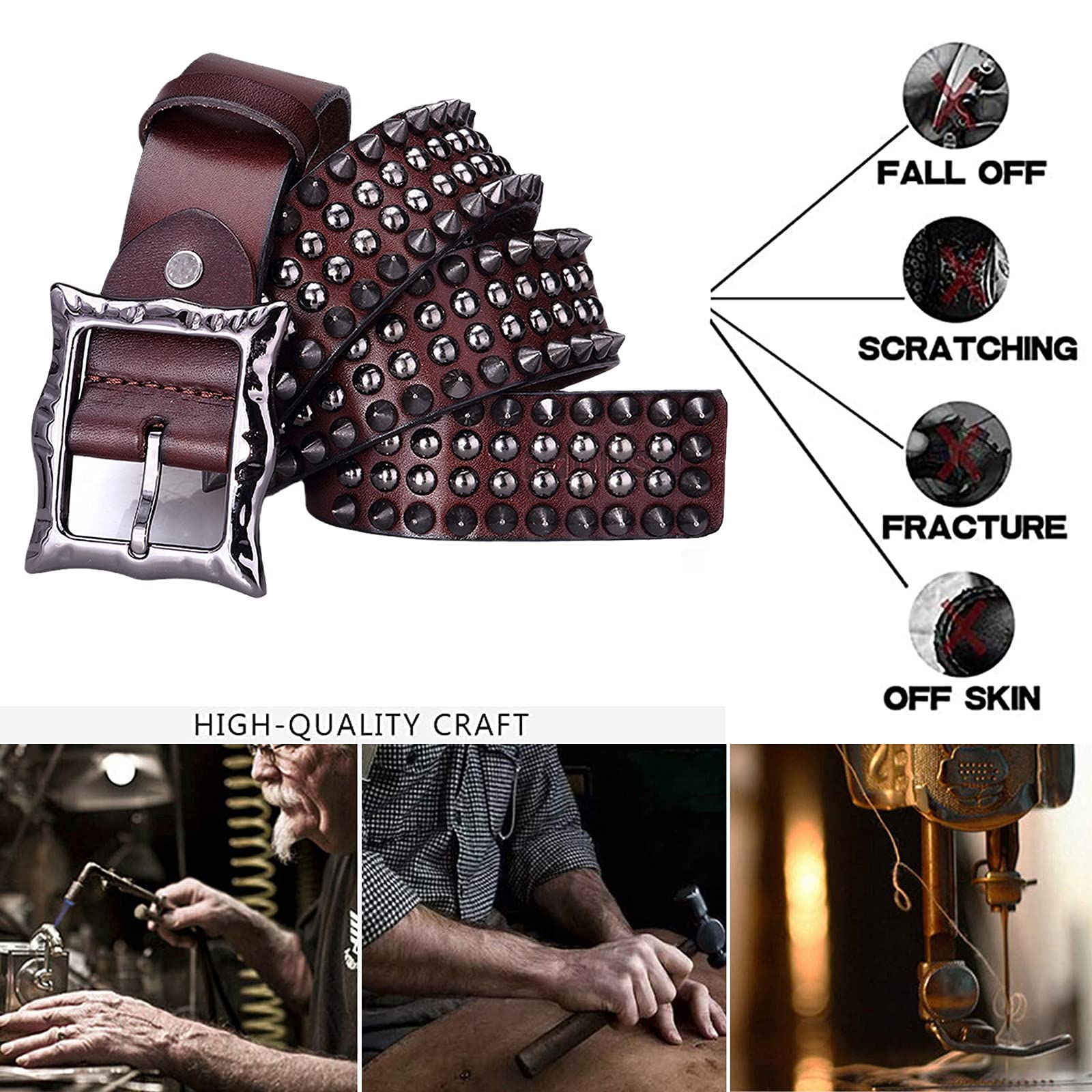 Herren & Damen Nietengürtel Im Vintage Spitznieten Handgemachter Design Gürtel Punk Rock Nieten Ledergürtel Echtleder Jeansgürtel Für Oder Gothic-Outfits,Kaffee,110cm/waist:36"~38"