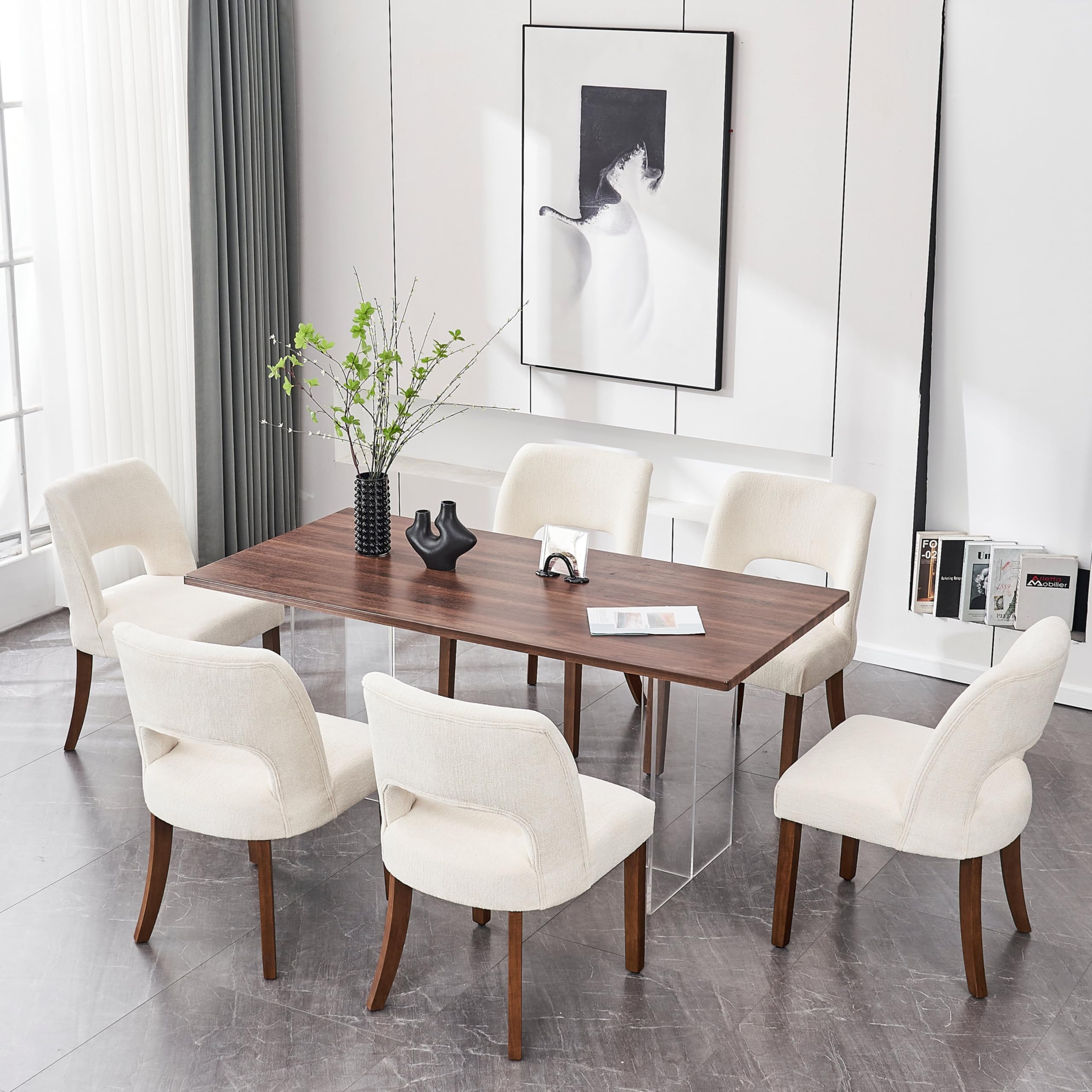 VKNOW Wooden Dining Chairs Set of 6, Modern Fabric Upholstered Dining Room Chair Kitchen Chairs, Farmhouse Dinner Chair for Kitchen Dining Room, Cream