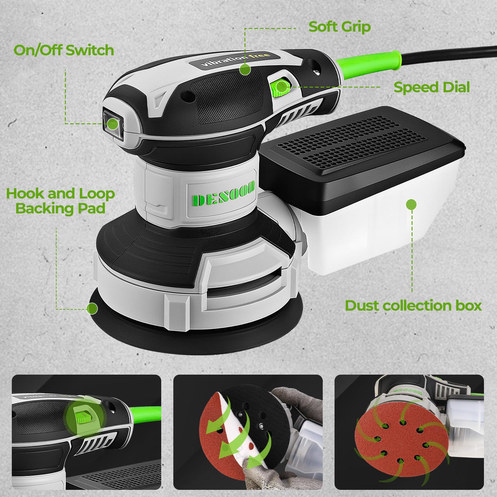 Levigatrice eccentrica da 300 W, levigatrice per falegnameria DESOON, con 20 fogli abrasivi, 6 velocità regolabili, 14.000 rpm