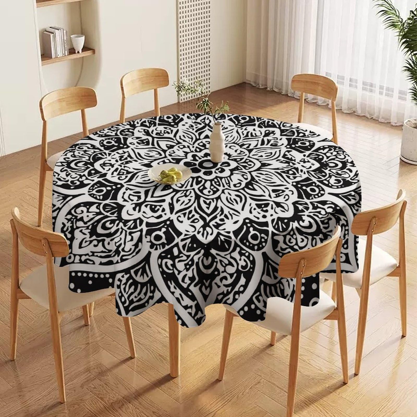 ORDOBO 3D Printed Tablecloth - White Pattern Round Tablecloth Wipeable For Kitchen Dinner Picnic Party Home Fashion Print Table Cover Decoration 152X152Cm