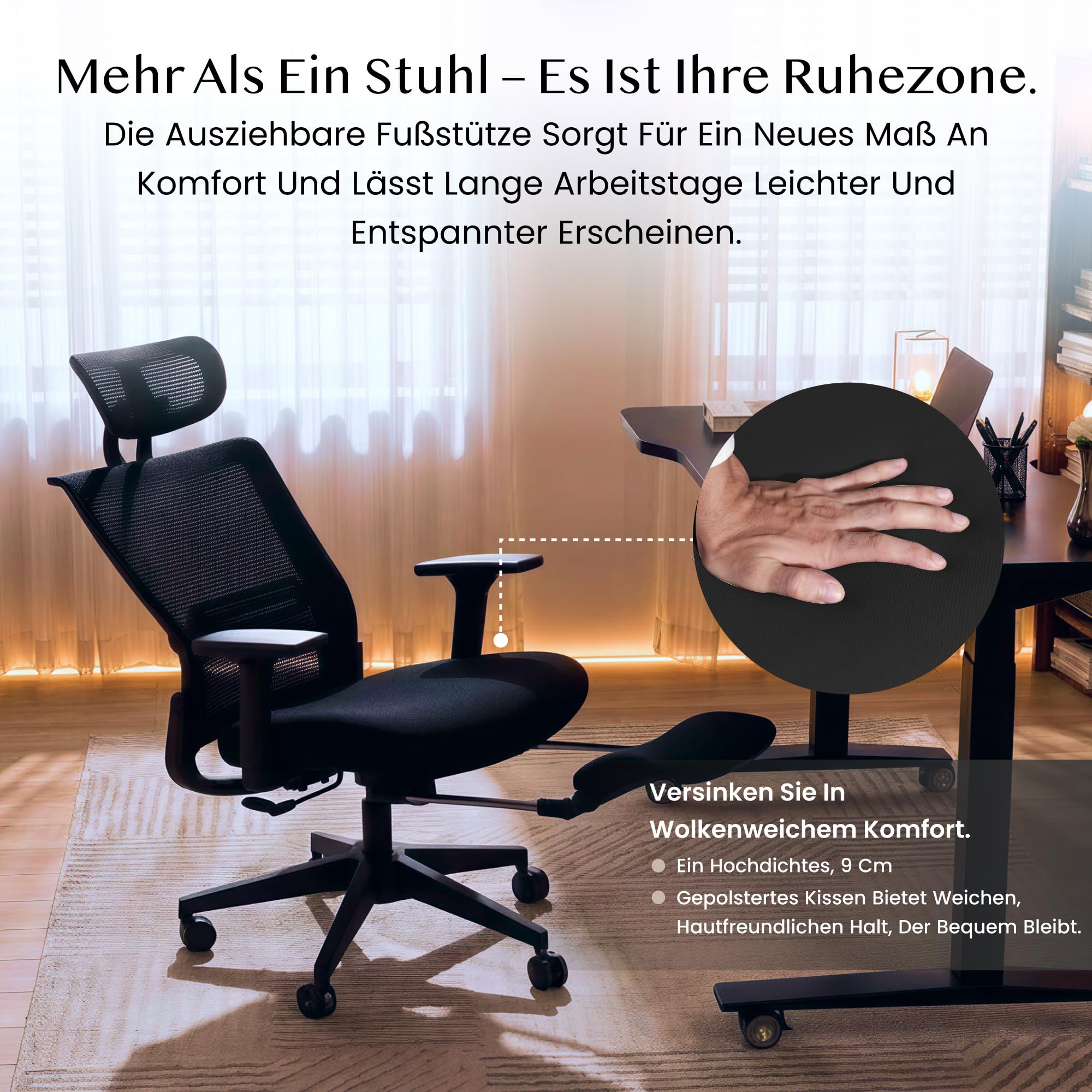 FLEXISPOT Ergonomischer Bürostuhl Foldex, Klappbarer Bürostuhl für Kleine Räume mit Lendenwirbelstütze, Höhenverstellbaren Armlehnen, 2D Kopfstütze, Fußstütze, Schwarz