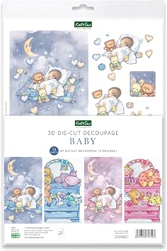 Katy Sue Baby 3D Die-Cut Decoupage Sheets for Card Making. A Pack of 12 Letter-Sized Sheets of Themed Die Cuts for Card Making Supplies - Perfect for Baby Shower, Gender Reveal, Christening. UK-Made.