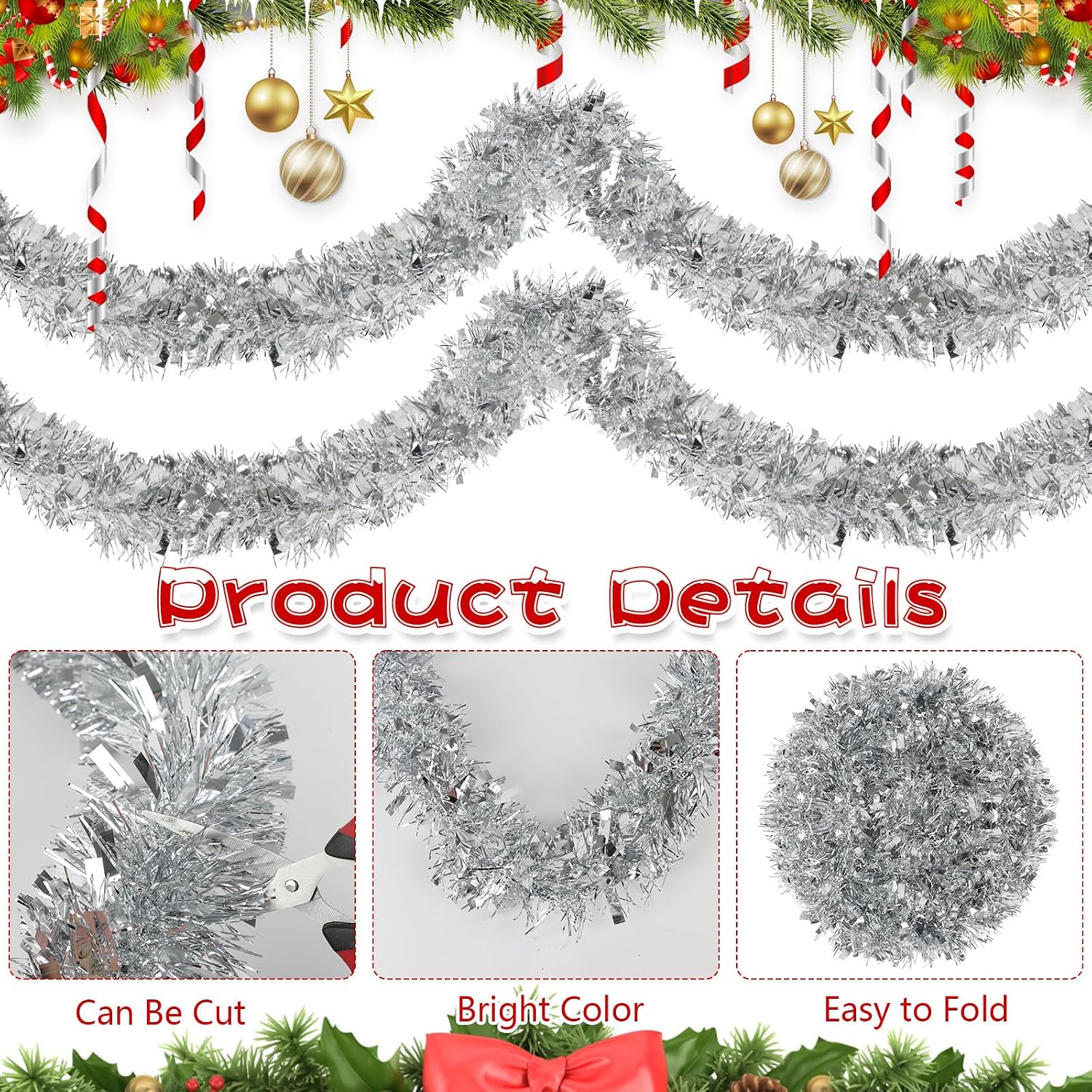 CCINEE Christmas Tinsel Garland, 50 Feet Silver Metallic Foil Hanging Tinsel Twist Garland for Xmas Tree Home Mantle Stair Fireplace Holiday Party Indoor Outdoor Christmas Decoration