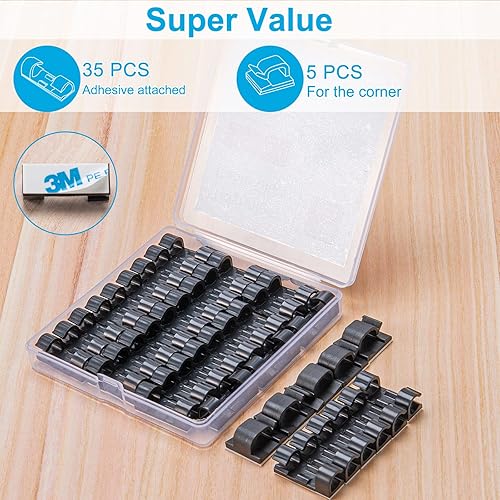 Vista 2 de Clips de cable autoadhesivos negros (40 unidades, M), clips de alambre mejorados para pared, organizador de cables fuerte para gestión de cables
