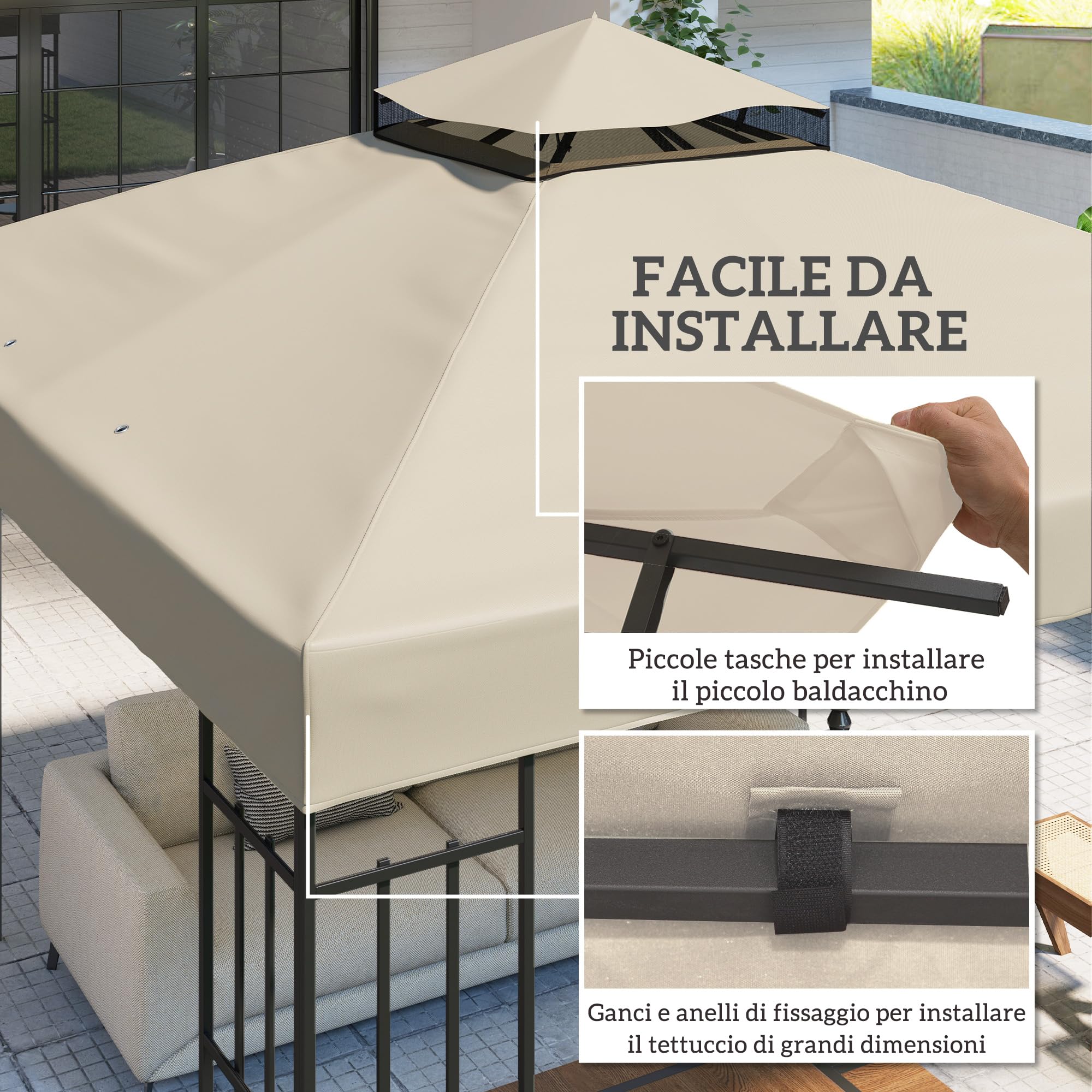 Outsunny Tetto di Ricambio per Gazebo 3x3 m 2 Livelli, Telo Copertura Resistente all'Acqua in Tessuto Oxford 370g/㎡ Anti-UV 30+ con Fori di Drenaggio, Crema