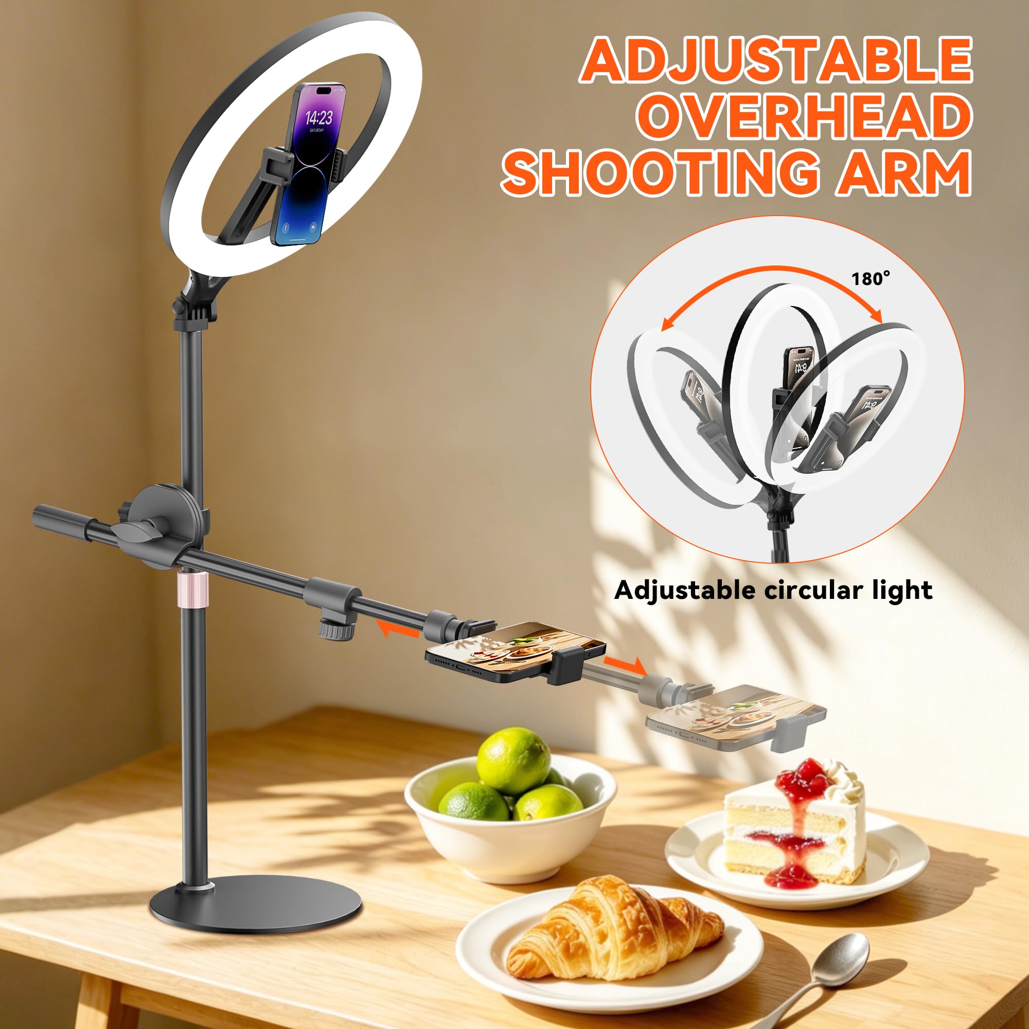 Luce ad anello da scrivania da 28 cm con supporto, supporto per telefono per fotografia alimentare, registrazione video, riunioni zoom, YouTube, TikTok
