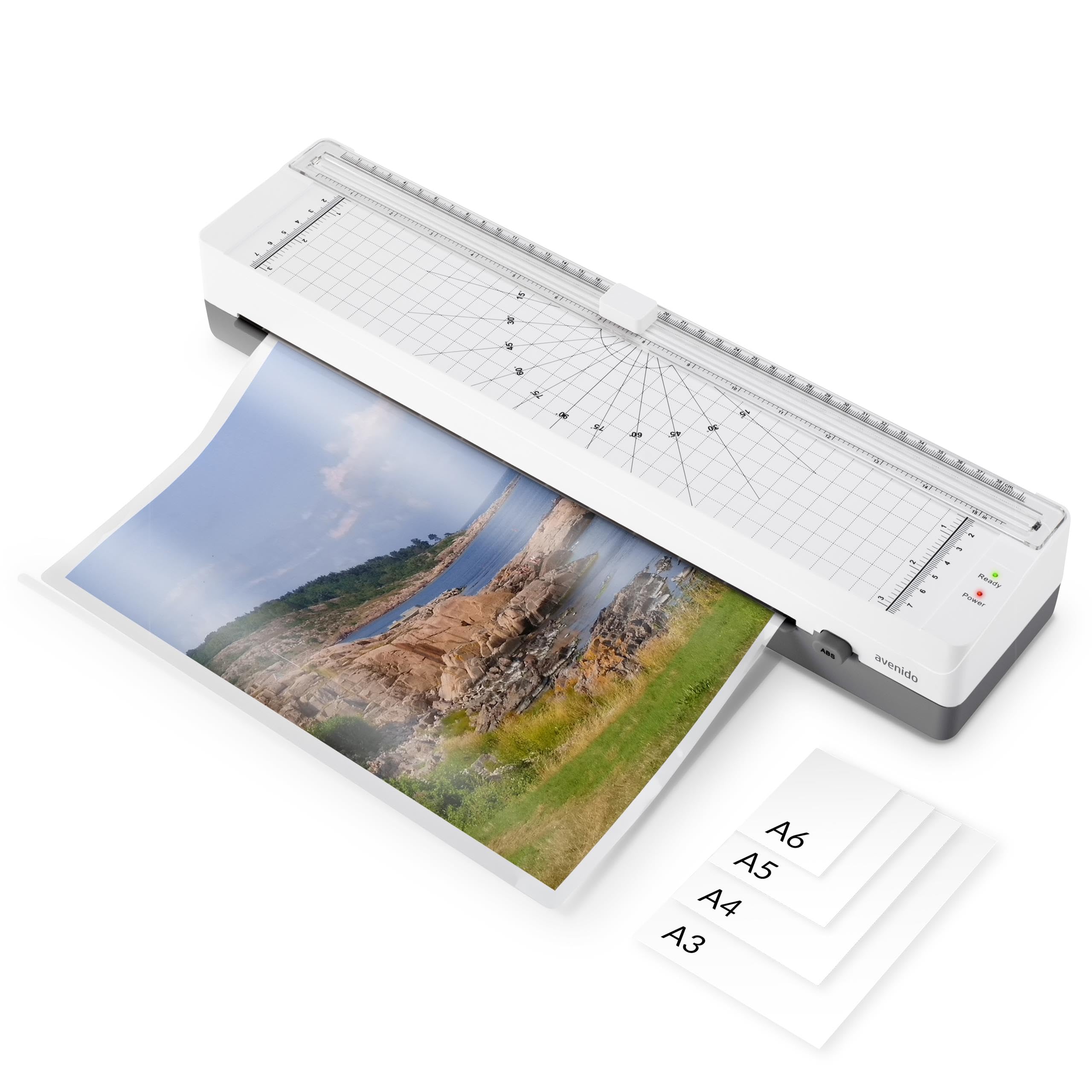 Laminator A3, A4, A5, A6, laminator na gorąco 80-125mic, laminarka, czas nagrzewania 3-5 min., prędkość laminowania 300mm/min., wbudowany trymer, dwie rolki grzejne, 5 folii w zestawie (biały)