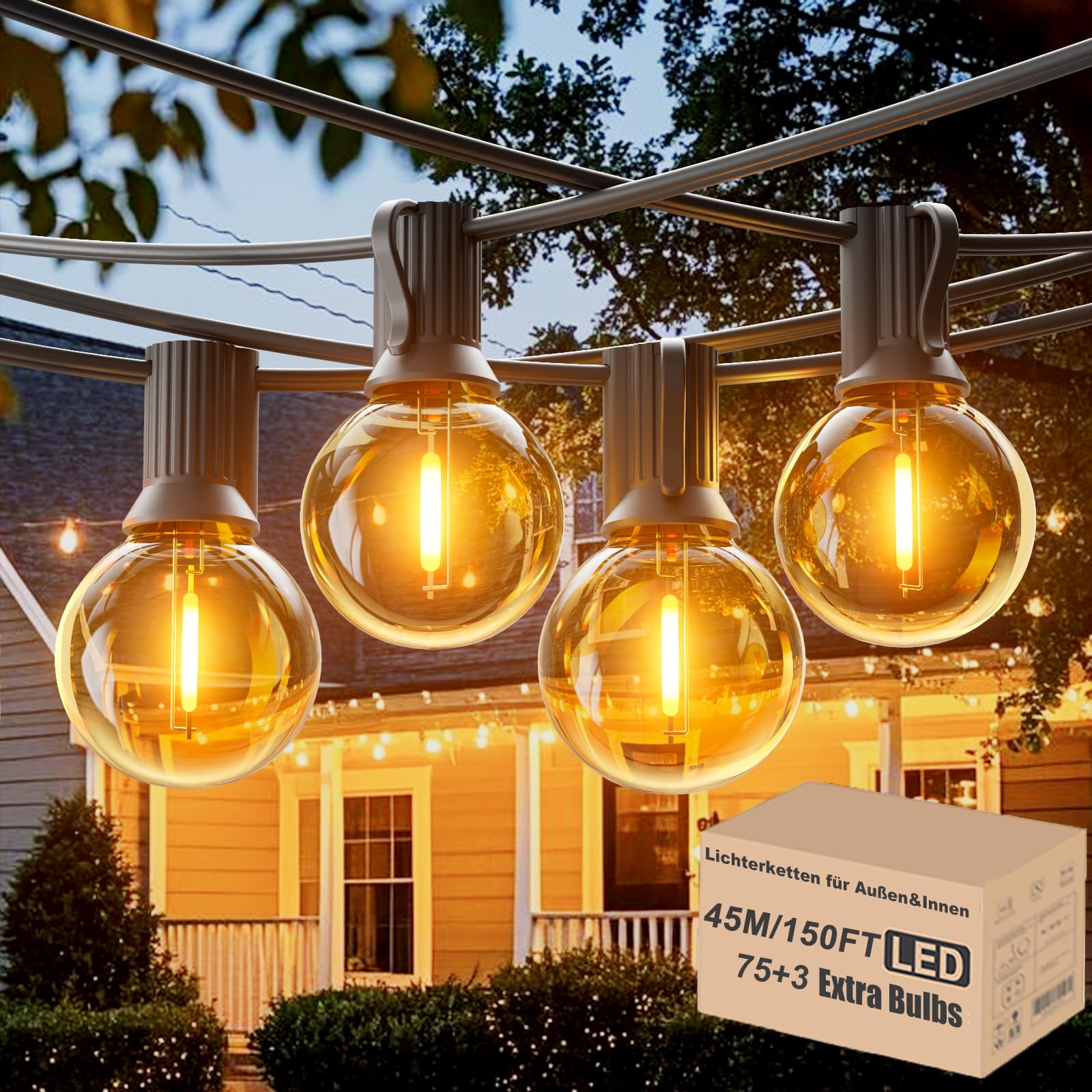 Achin Strombetriebene Lichterkette Außen 45M/150FT, IP45 Wasserdicht & Wetterfest, 75+3 G40 LED Glühbirnen, Dekorationsleuchte für Garten, Balkon, Veranda, Terrasse, Feier & Party