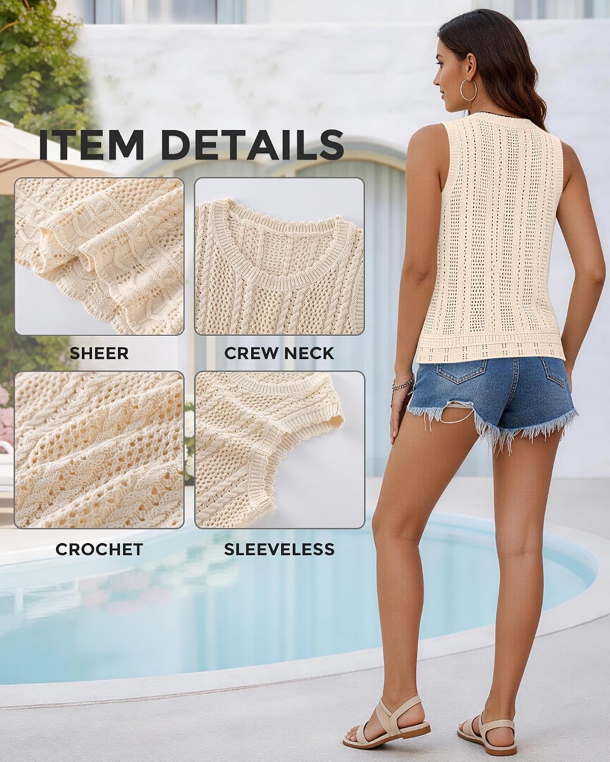 Crochet Tops for Women Summer Knit Sweater Tank Tops Hollow Out Crewneck Vest Sleeveless Casual Crop Shirt