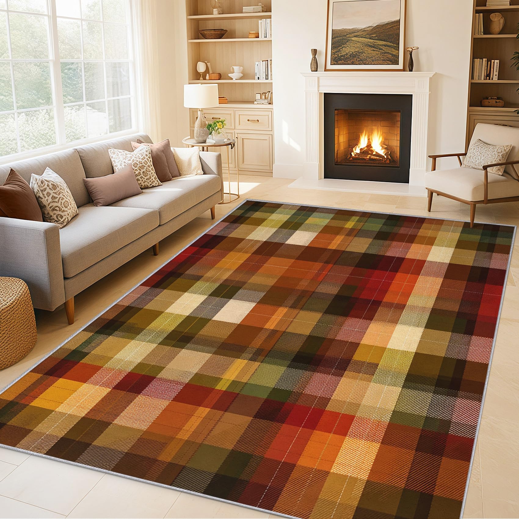 Scottish Tartan Rugs Living Room, Farmhouse Rustic Plaid Area Rugs for Bedroom Home Decor, Washable Non Slip Short Pile Carpet 40x60 with Gripper P-&47