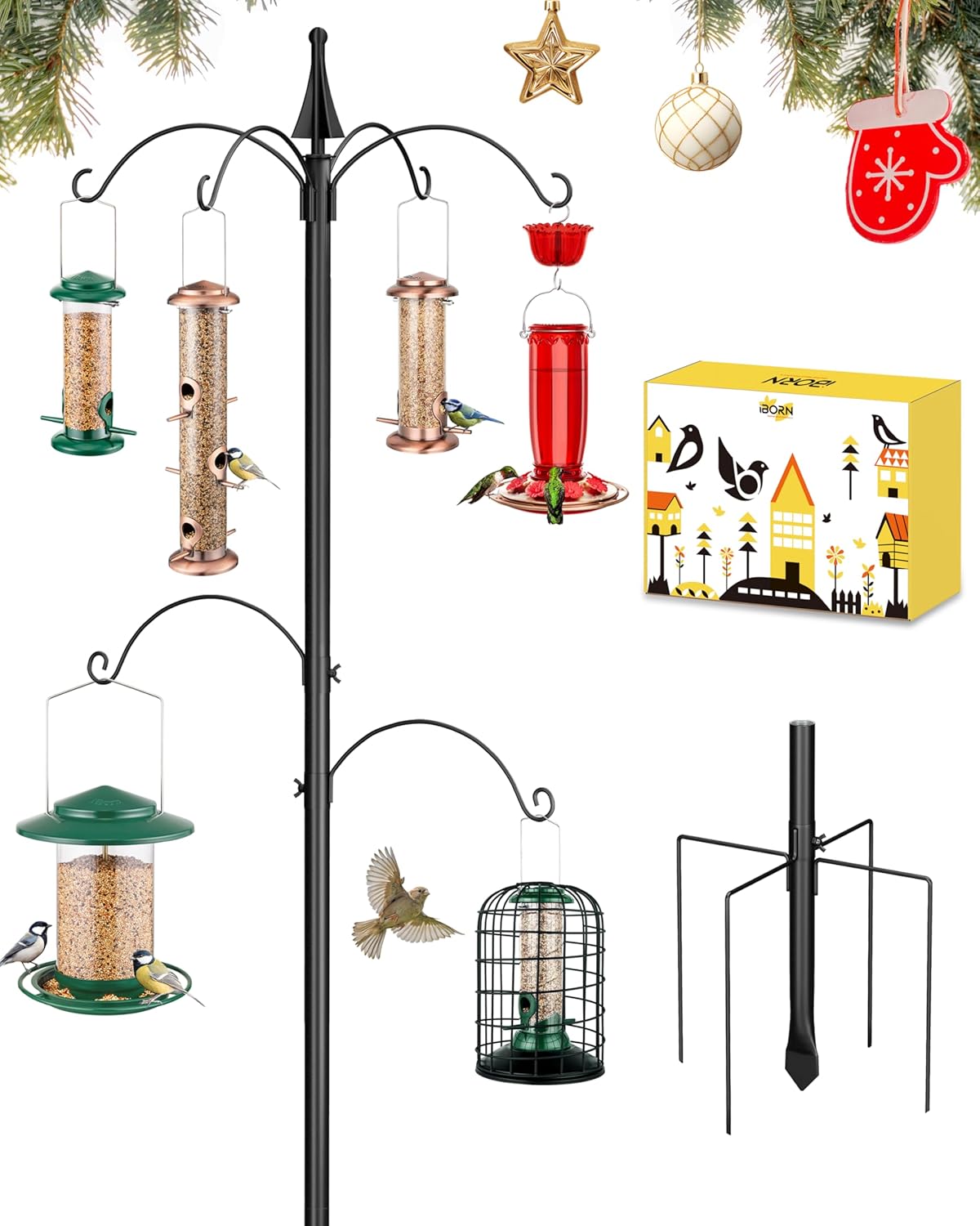 iBorn 1“ Thickness Shepherds Hooks for Outdoor Bird Feeder Pole 78" Height Wild Bird Feeder Stand for Hummingbird Feeder, 4 Fixed & 2 Adjustable Hooks,5 Base Prongs (Feeders NOT Included)