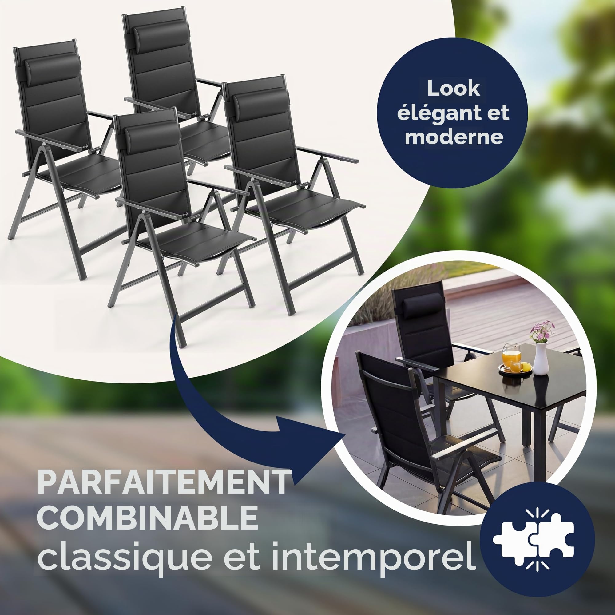 Casaria Set de 4 chaises de Jardin Aluminium Dossier réglable 8 Positions Rembourrage Max. 120kg Chaise à Dossier Haut Chaise Pliante terrasse Anthracite