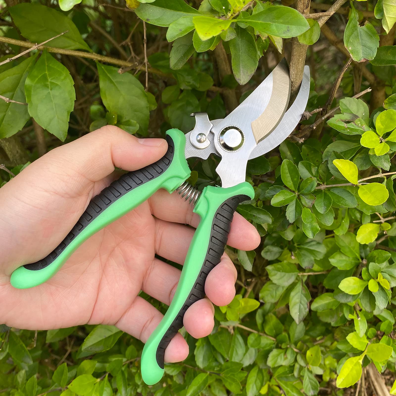 Newaner Tijeras de podar, antideslizantes con mango de bloqueo, de reparación profesional de flores, multifuncionales para cortar ramas y ratán（verde）