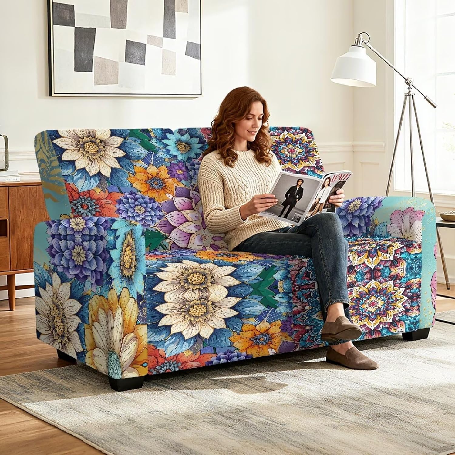 Reclining Loveseat Covers, Durable 2 Seater Sofa Covers for 2 Cushion Couch, Sofa Covers for 2 Cushion Couch with Pockets - Vintage Flower