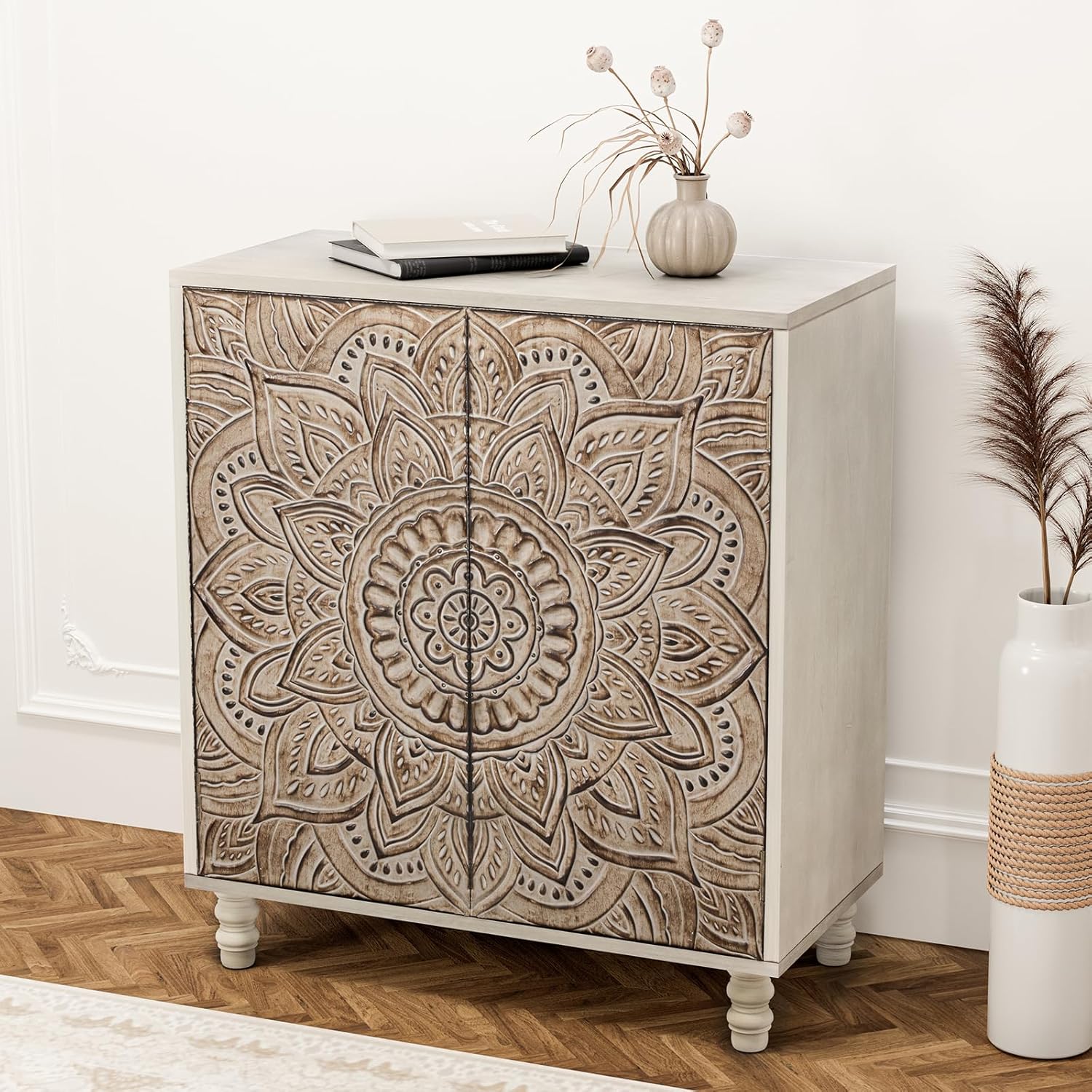 HOMPUS Accent Cabinet with Doors, 32" Buffet Sideboard Storage, Farmhouse Wooden Cabinet with Carved Flower Pattern, Rustic Vintage Decorative Corner, Coffee Bar for Living Room, Entryway, Kitchen