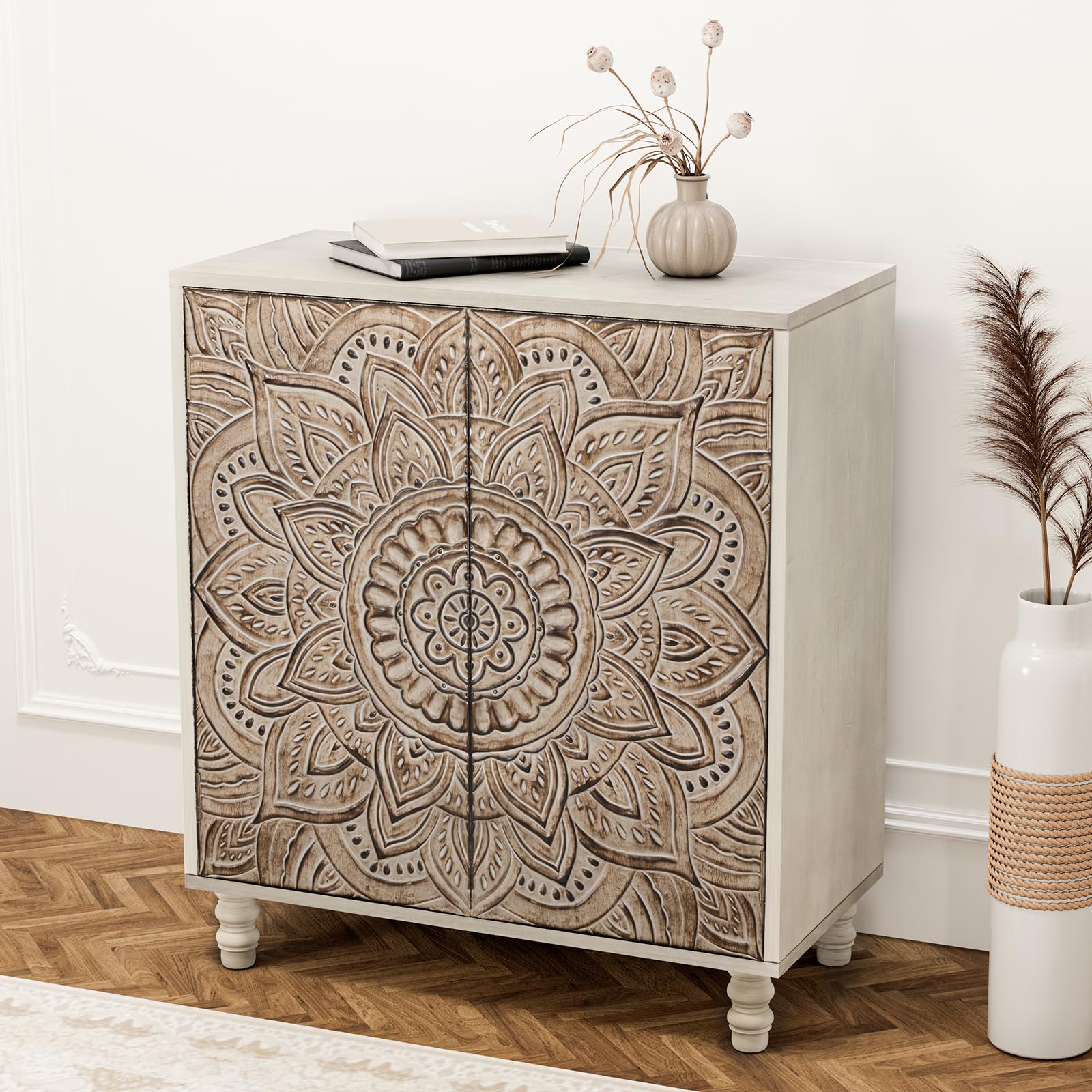 HOMPUS Accent Cabinet with Doors, 32" Buffet Sideboard Storage, Farmhouse Wooden Cabinet with Carved Flower Pattern, Rustic Vintage Decorative Corner,