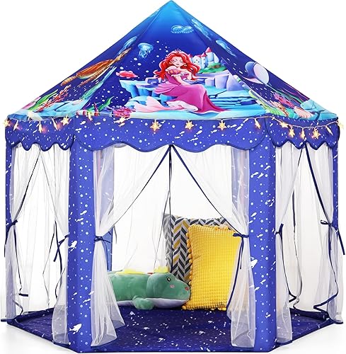 Vista 32 de Monobeach Tienda de campaña de princesa para niñas, casa de juegos grande, castillo para niños, tienda de campaña con luces de estrella, juguete