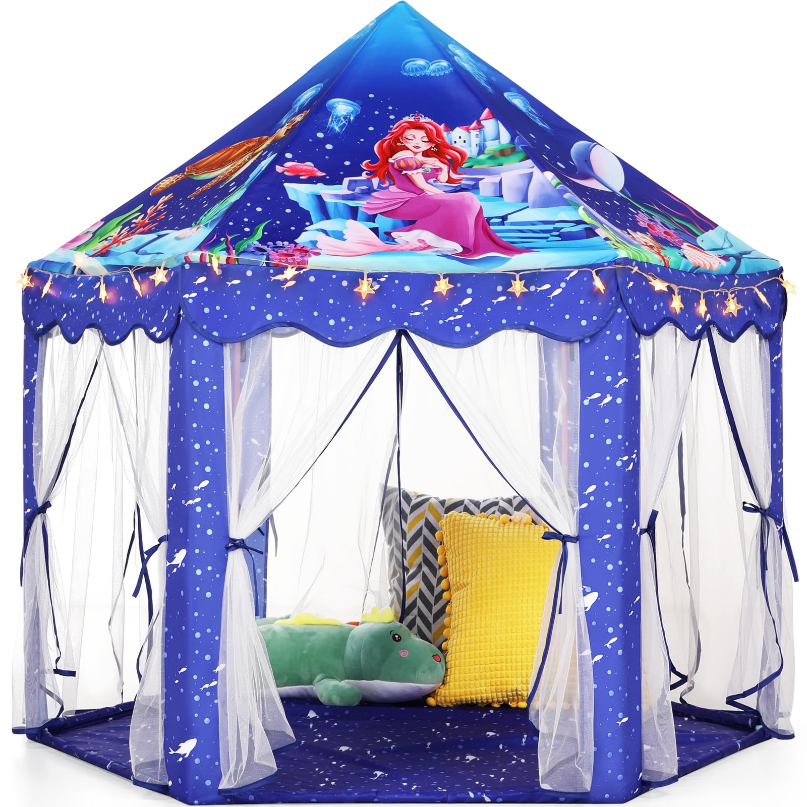 Monobeach Mermaid Princess Tent Girls Blue Large Playhouse Kids Castle Play Tent with Star Lights Gift Toy for Children Indoor and Outdoor Games