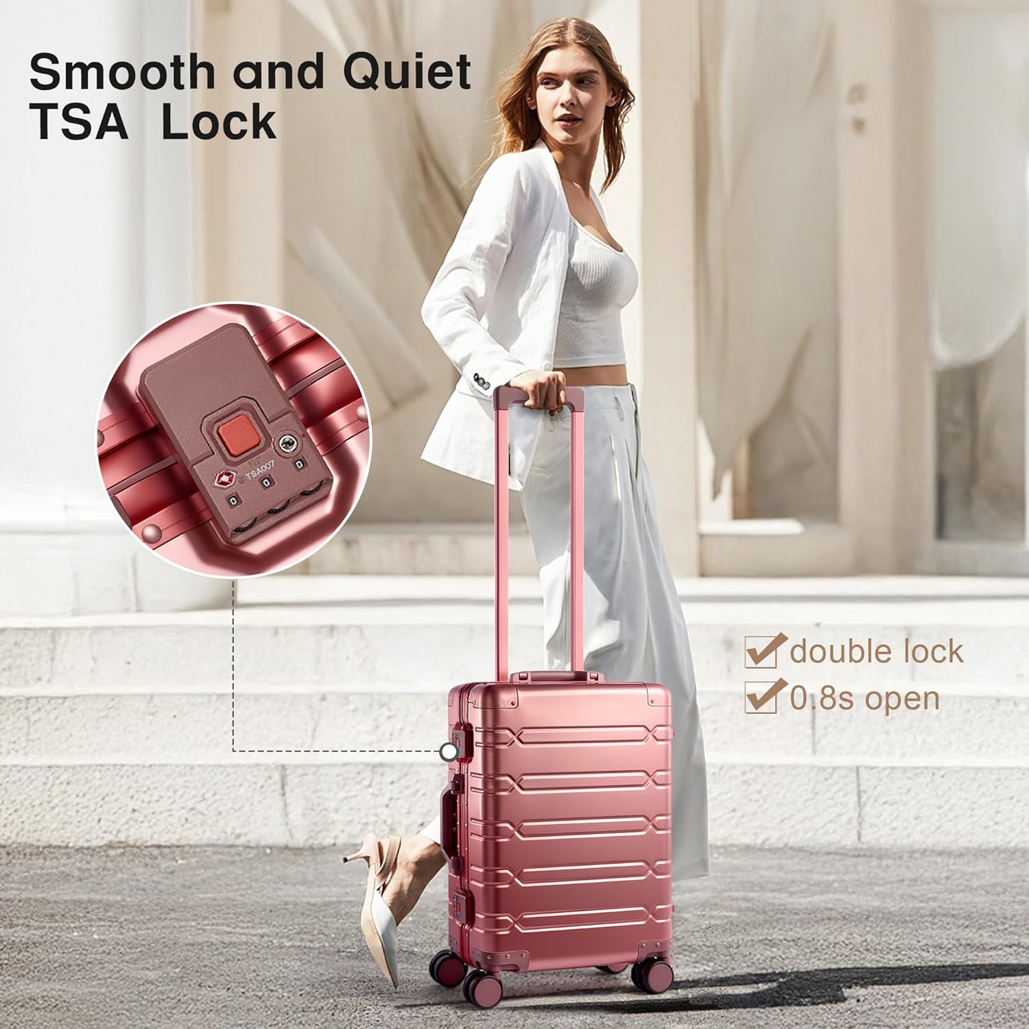 all aluminum carry on luggage 22x14x9 airline approved?zipperless luggage premium aluminum suitcase luggage, hard shell carry on luggage with spinner wheels (rose gold, 20inch) rose gold 20inch