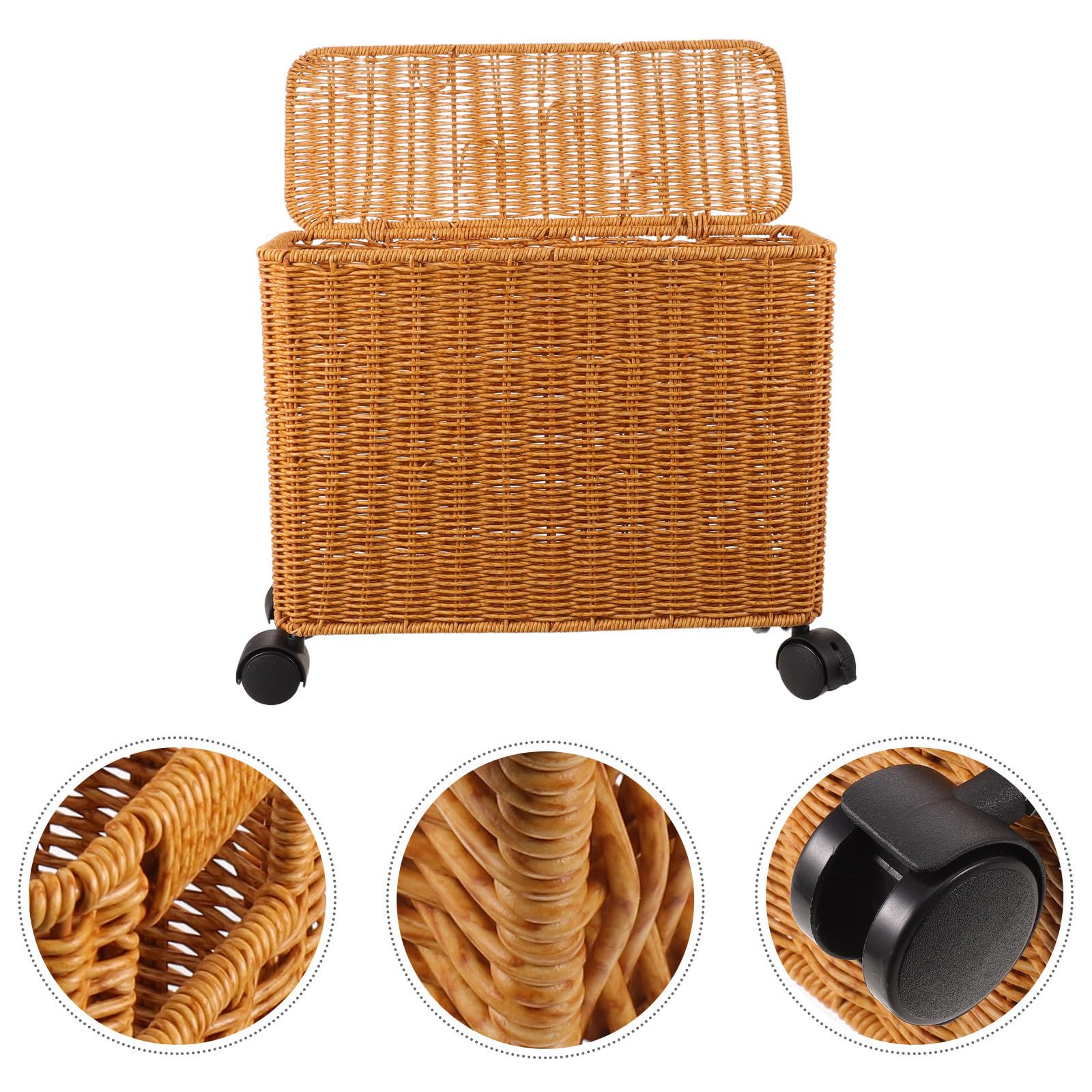 FRCOLOR Caja de Almacenamiento Rectangular de Pe Color Caqui Estilo Mimbre con Tapa y Ruedas, Soporte para Apilamiento Vertical y Alta Capacidad de Peso, Adecuado para Pasillos y Baños