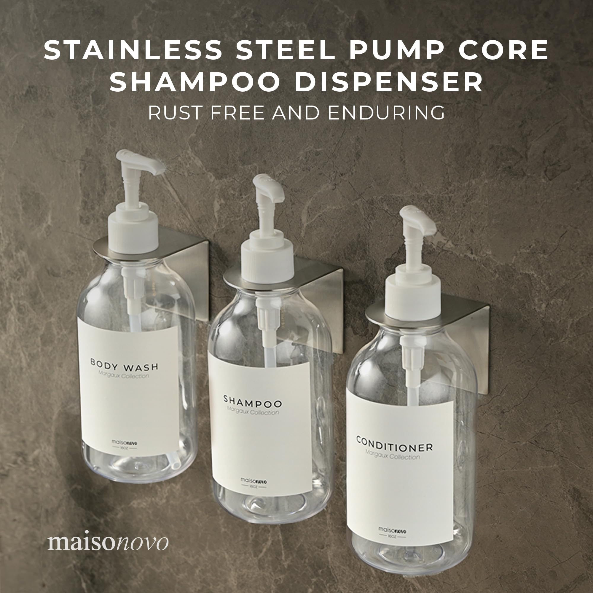 MaisoNovo Shampoo and Conditioner Dispenser Set of 3-500 ml Clear Shower Gel Dispenser Wall Mounted with White Pumps - Image 4
