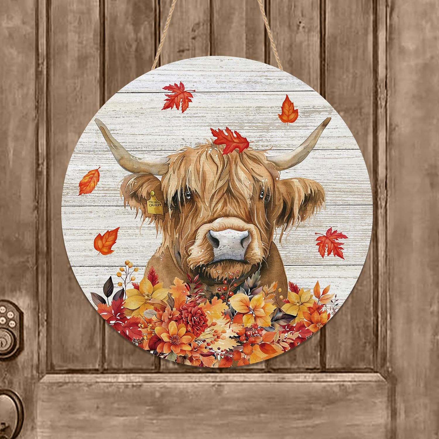 Fall Highland Cow Door Sign Wood Door funny Hanger for Outdoor Outside Porch Autumn Farmhouse Wooden Indoor Wall Hanging Decoration