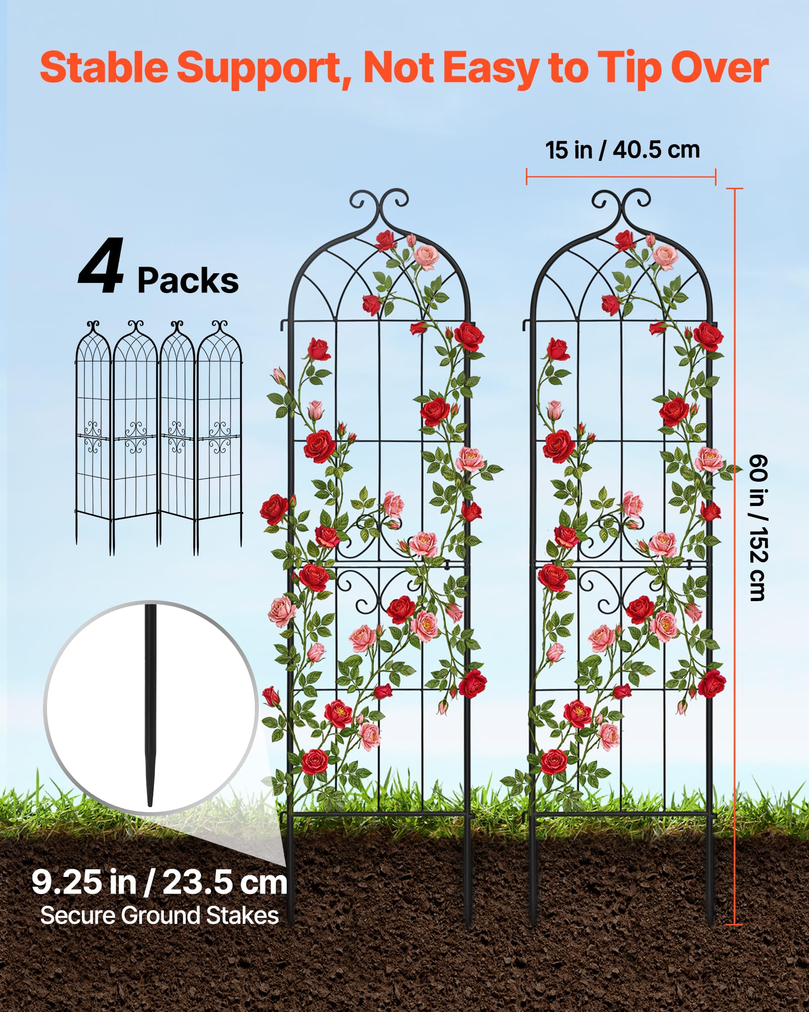 VEVOR Enrejado Metálico para Jardín, 152 x 40,5 cm, Celosías de Jardín, Conjunto de 4 Piezas, Soporte para Plantas Trepadoras, con Estacas, Acero al Carbono, Decoración, para Verduras Flores, Negro