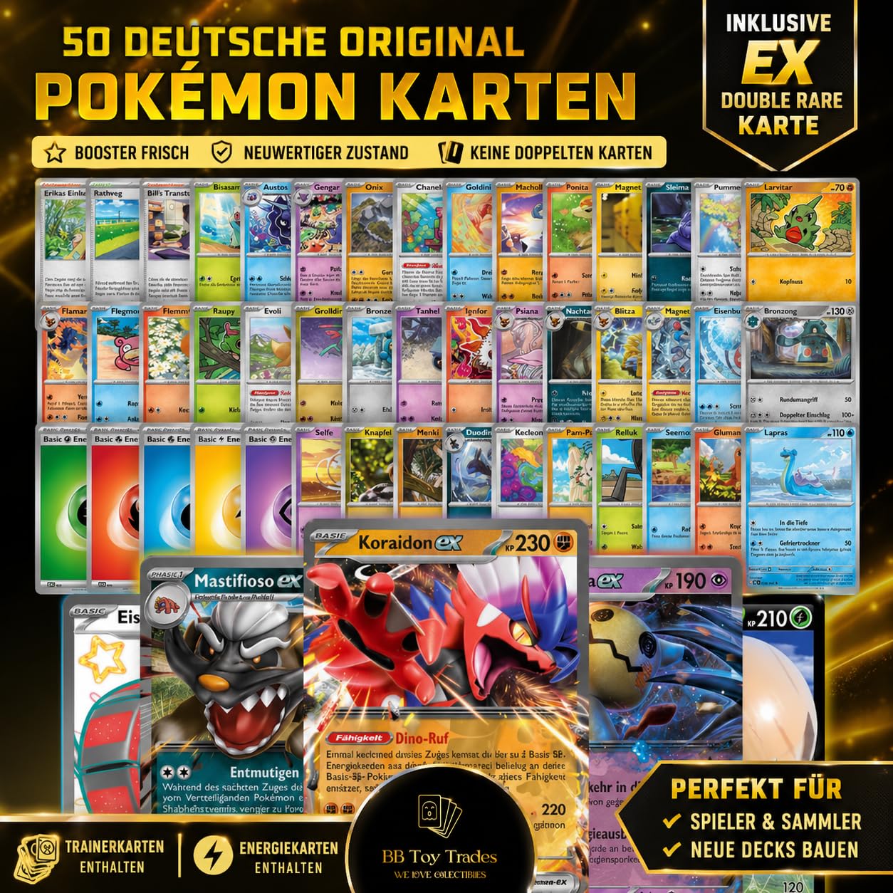 Lot de 50 cartes Pokémon + Rares GX EX ou V Card Starter Pack avec entraîneurs et énergie, pack de cartes à collectionner en BB-Toy-Trades