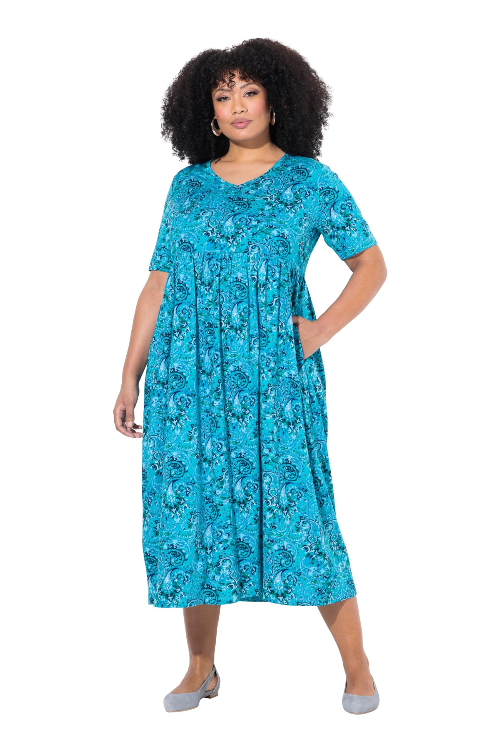 Ulla Popken Damen große Größen Übergrößen Plus Size Maxikleid, A-Linie, V-Ausschnitt, Halbarm, Taschen 839638